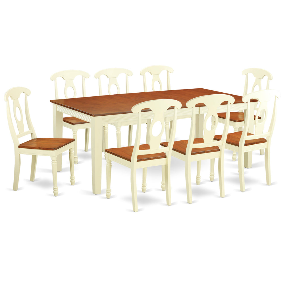 East West Furniture QUKE9-WHI-W 9 Piece Dining Room Furniture Set Includes a Rectangle Kitchen Table with Butterfly Leaf and 8 Dining Chairs, 40x78 Inch, Buttermilk & Cherry