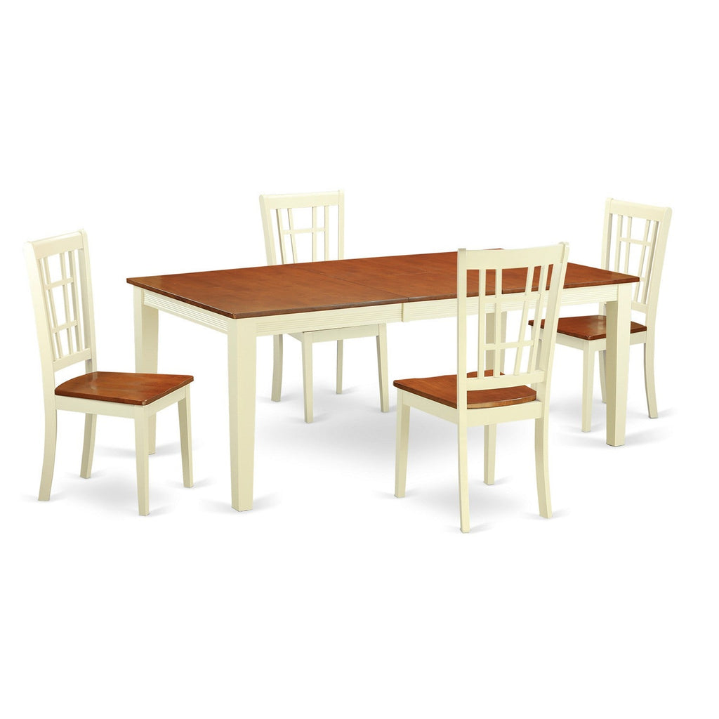 East West Furniture QUNI5-WHI-W 5 Piece Dining Room Table Set Includes a Rectangle Kitchen Table with Butterfly Leaf and 4 Dining Chairs, 40x78 Inch, Buttermilk & Cherry