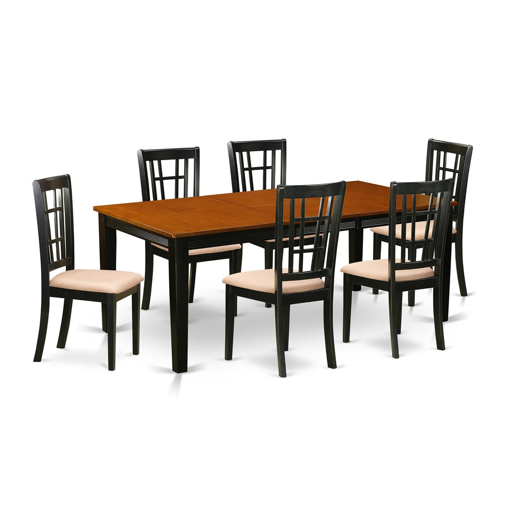 East West Furniture QUNI7-BCH-C 7 Piece Dining Room Furniture Set Consist of a Rectangle Kitchen Table with Butterfly Leaf and 6 Linen Fabric Upholstered Chairs, 40x78 Inch, Black & Cherry