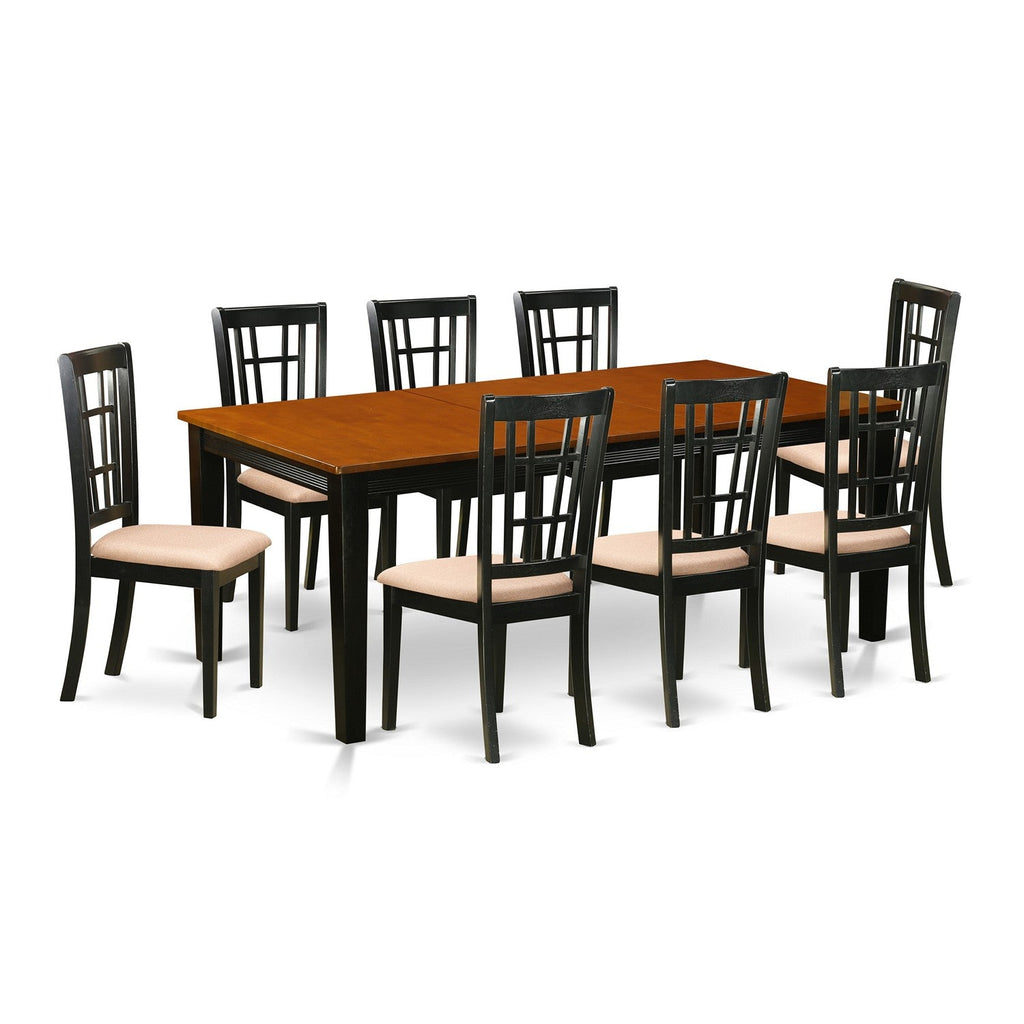East West Furniture QUNI9-BCH-C 9 Piece Dining Table Set Includes a Rectangle Dinner Table with Butterfly Leaf and 8 Linen Fabric Dining Room Chairs, 40x78 Inch, Black & Cherry
