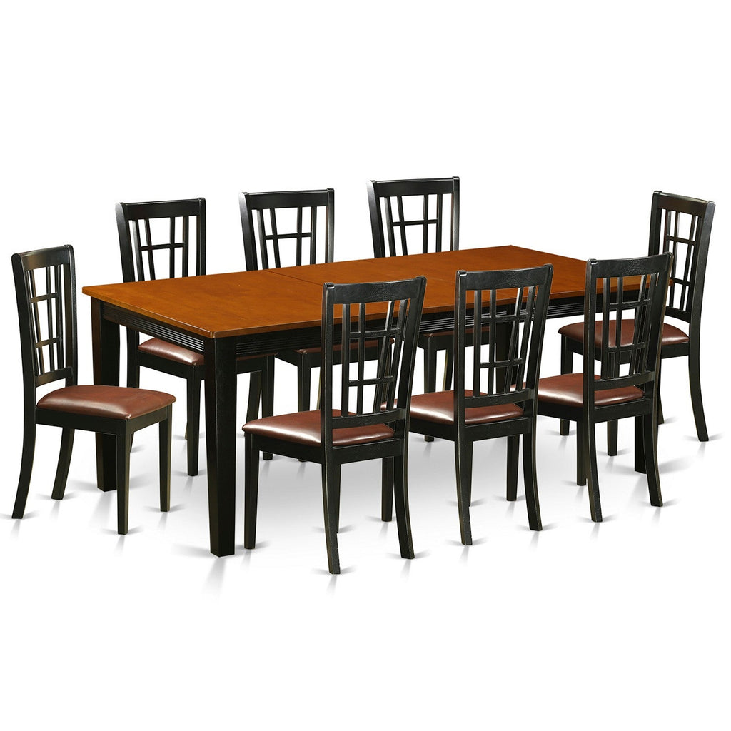 East West Furniture QUNI9-BCH-LC 9 Piece Kitchen Table & Chairs Set Includes a Rectangle Dining Room Table with Butterfly Leaf and 8 Faux Leather Upholstered Chairs, 40x78 Inch, Black & Cherry