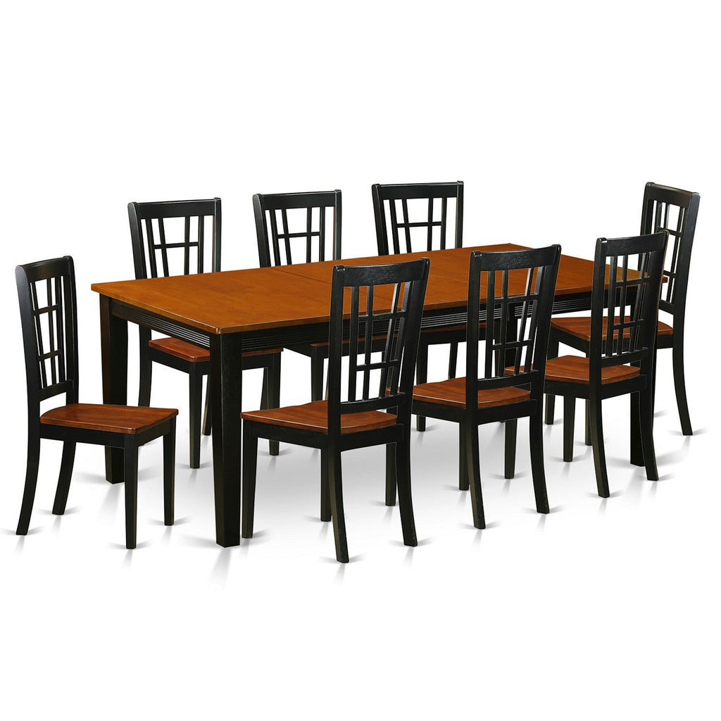 East West Furniture QUNI9-BCH-W 9 Piece Dining Room Table Set Includes a Rectangle Kitchen Table with Butterfly Leaf and 8 Dining Chairs, 40x78 Inch, Black & Cherry
