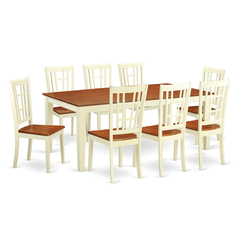 East West Furniture QUNI9-WHI-W 9 Piece Dining Set Includes a Rectangle Dining Table with Butterfly Leaf and 8 Kitchen Chairs, 40x78 Inch, Buttermilk & Cherry