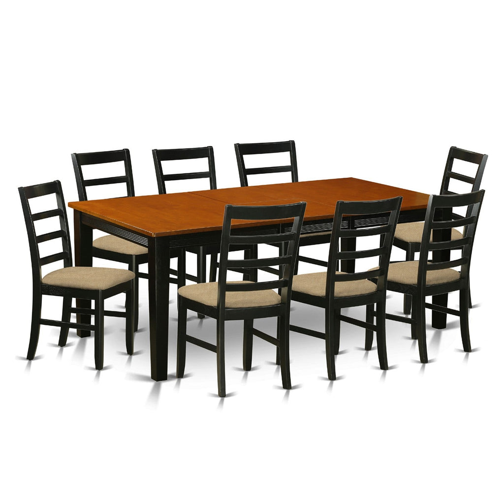 East West Furniture QUPF9-BCH-C 9 Piece Dining Table Set Includes a Rectangle Dinner Table with Butterfly Leaf and 8 Linen Fabric Dining Room Chairs, 40x78 Inch, Black & Cherry