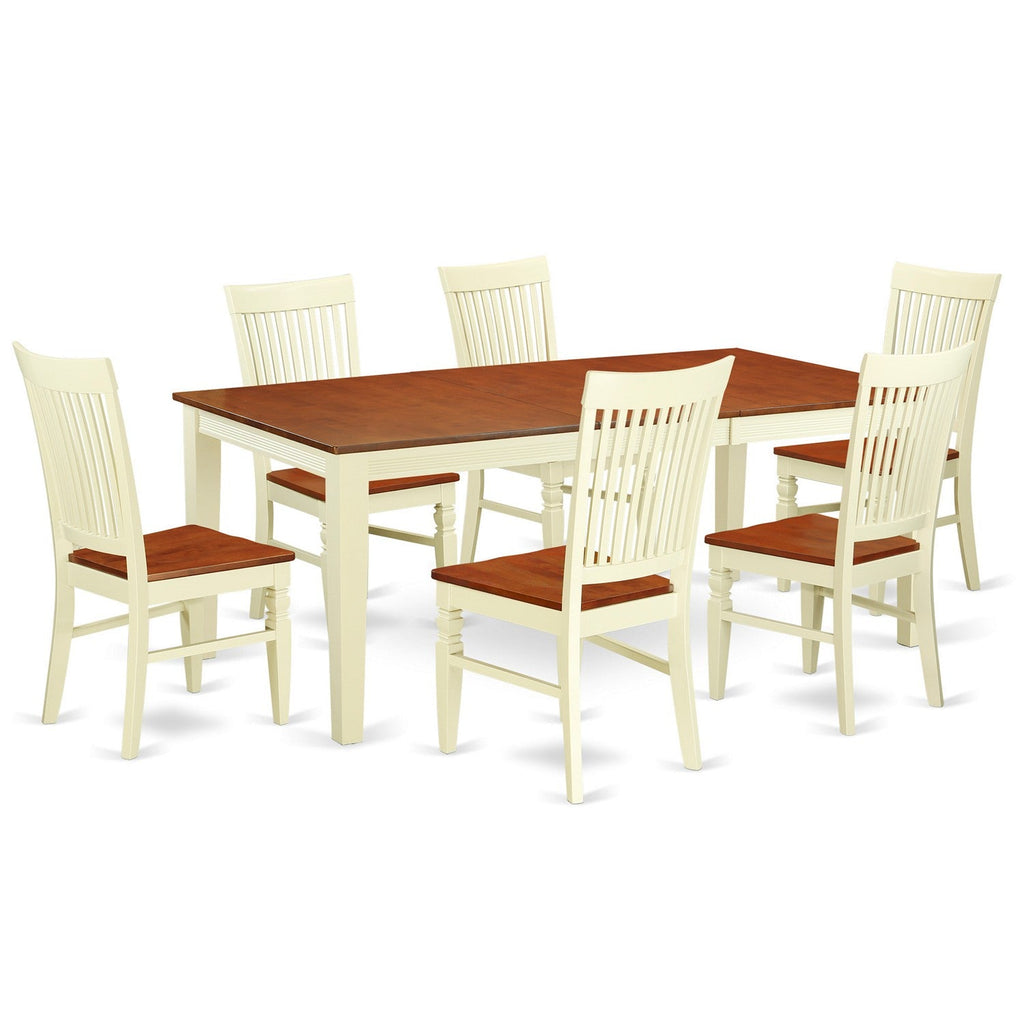 East West Furniture QUWE7-BMK-W 7 Piece Modern Dining Table Set Consist of a Rectangle Wooden Table with Butterfly Leaf and 6 Dining Room Chairs, 40x78 Inch, Buttermilk & Cherry