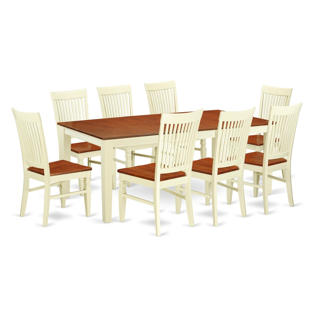 East West Furniture QUWE9-BMK-W 9 Piece Dining Room Furniture Set Includes a Rectangle Wooden Table with Butterfly Leaf and 8 Kitchen Dining Chairs, 40x78 Inch, Buttermilk & Cherry