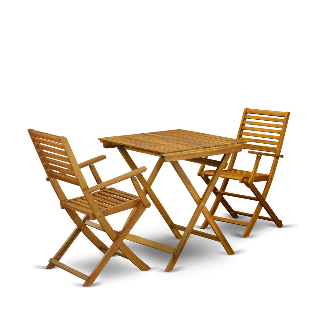 East West Furniture SEBS3CANA 3 Piece Folding Patio Bistro Sets Outdoor Set Contains a Square Acacia Wood Coffee Table and 2 Folding Arm Chairs, 26x26 Inch, Natural Oil