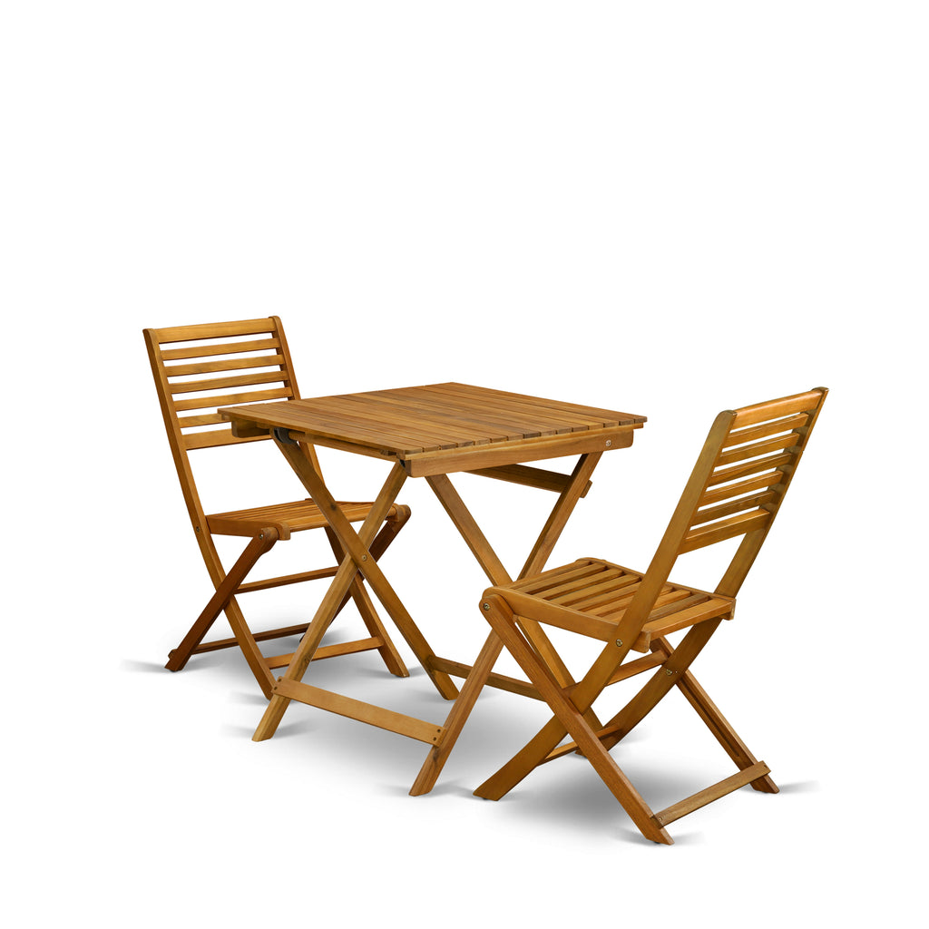 East West Furniture SEBS3CWNA 3 Piece Patio Bistro Sets Wood Folding Table Set Contains a Square Outdoor Acacia Wood Coffee Table and 2 Folding Side Chairs, 26x26 Inch, Natural Oil