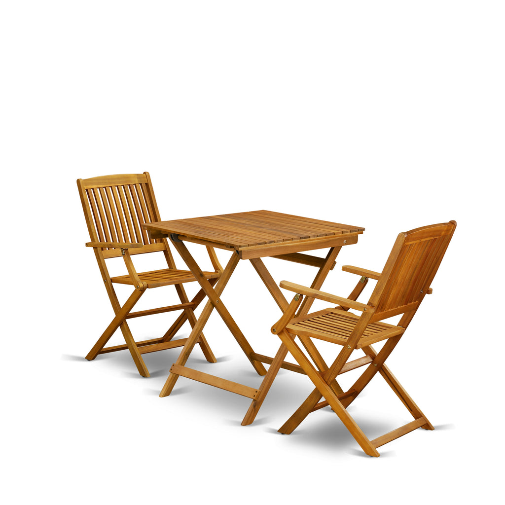 East West Furniture SECM3CANA 3 Piece Patio Bistro Sets Wood Folding Table Set Contains a Square Outdoor Acacia Wood Coffee Table and 2 Folding Arm Chairs, 26x26 Inch, Natural Oil