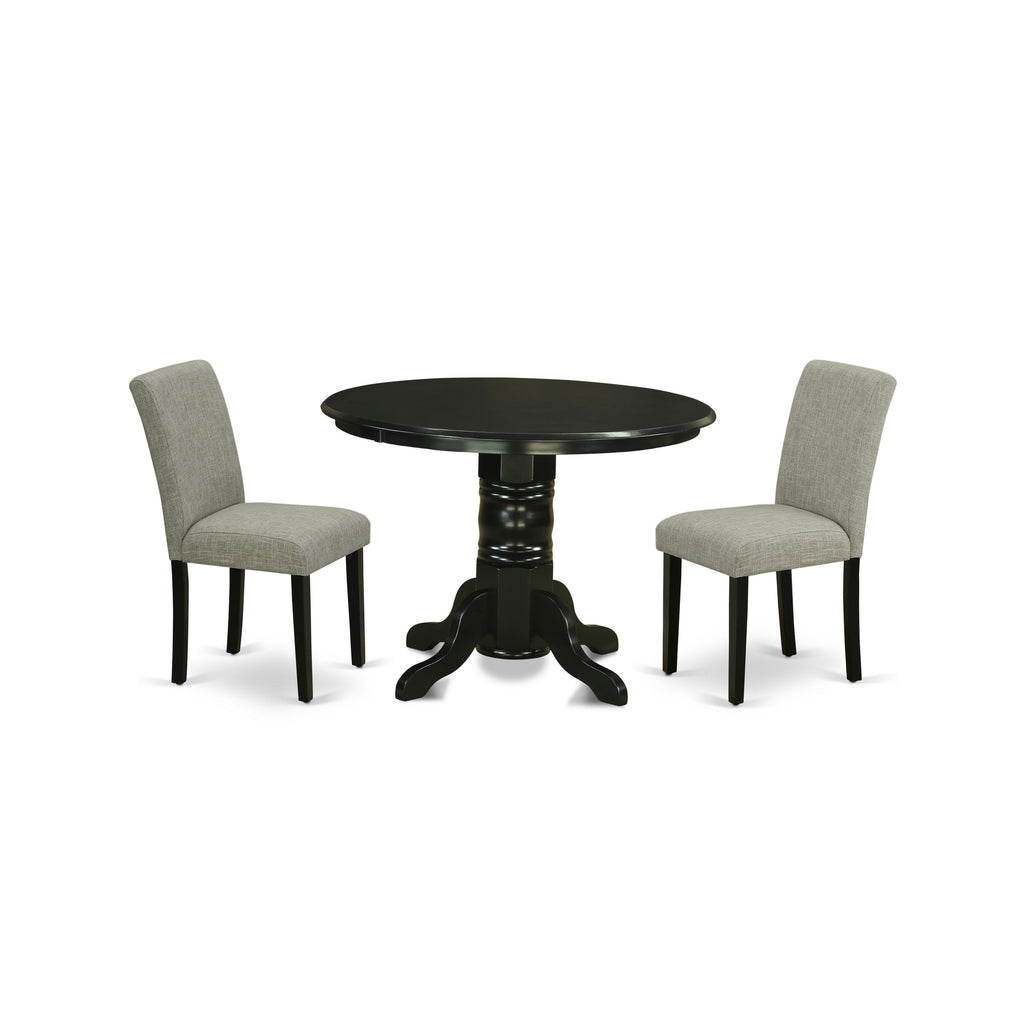 East West Furniture SHAB3-BLK-06 3 Piece Modern Dining Table Set Contains a Round Kitchen Table with Pedestal and 2 Shitake Linen Fabric Parson Dining Chairs, 42x42 Inch, Black