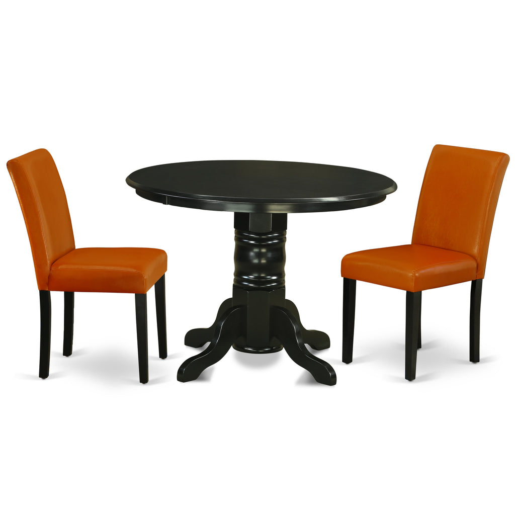 East West Furniture SHAB3-BLK-61 3 Piece Dining Room Table Set Contains a Round Kitchen Table with Pedestal and 2 Baked Bean Faux Leather Parson Dining Chairs, 42x42 Inch, Black