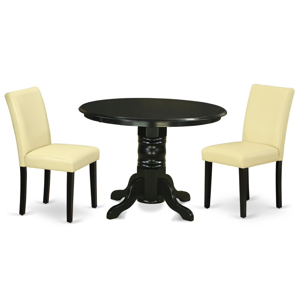 East West Furniture SHAB3-BLK-73 3 Piece Dinette Set for Small Spaces Contains a Round Kitchen Table with Pedestal and 2 Eggnog Faux Leather Parsons Dining Chairs, 42x42 Inch, Black