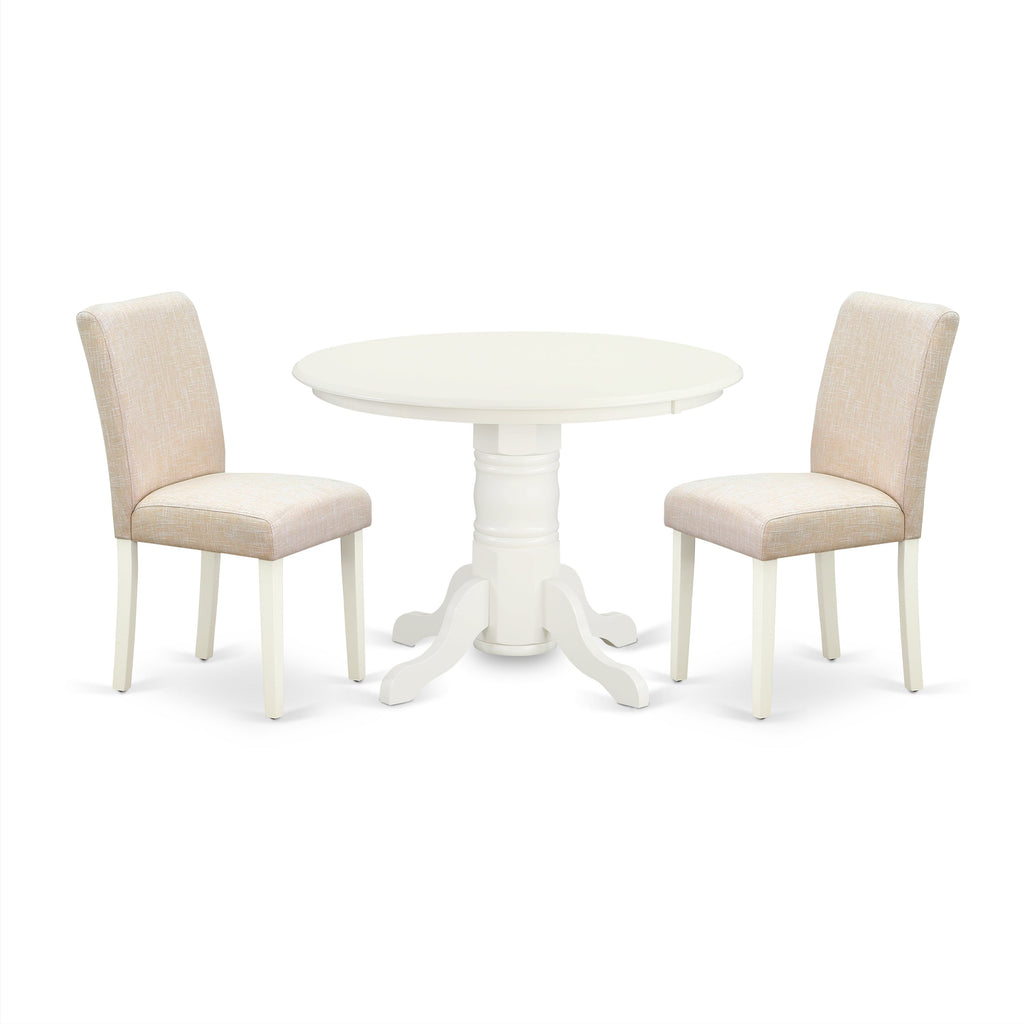 East West Furniture SHAB3-LWH-02 3 Piece Dining Table Set Contains a Round Dining Room Table with Pedestal and 2 Light Beige Linen Fabric Parsons Dinette Chairs, 42x42 Inch, Linen White