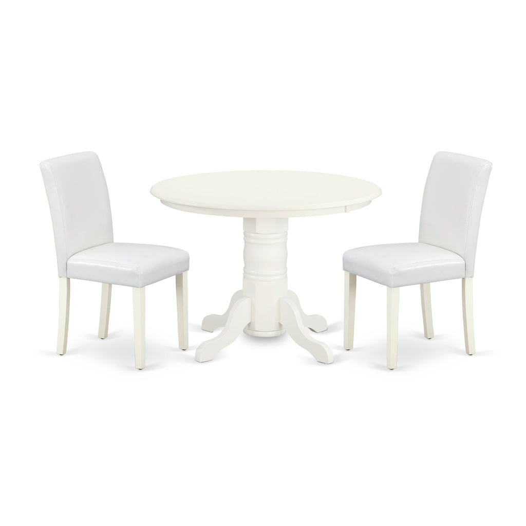 East West Furniture SHAB3-LWH-64 3 Piece Dining Room Table Set Contains a Round Wooden Table with Pedestal and 2 White Faux Leather Upholstered Parson Chairs, 42x42 Inch, Linen White
