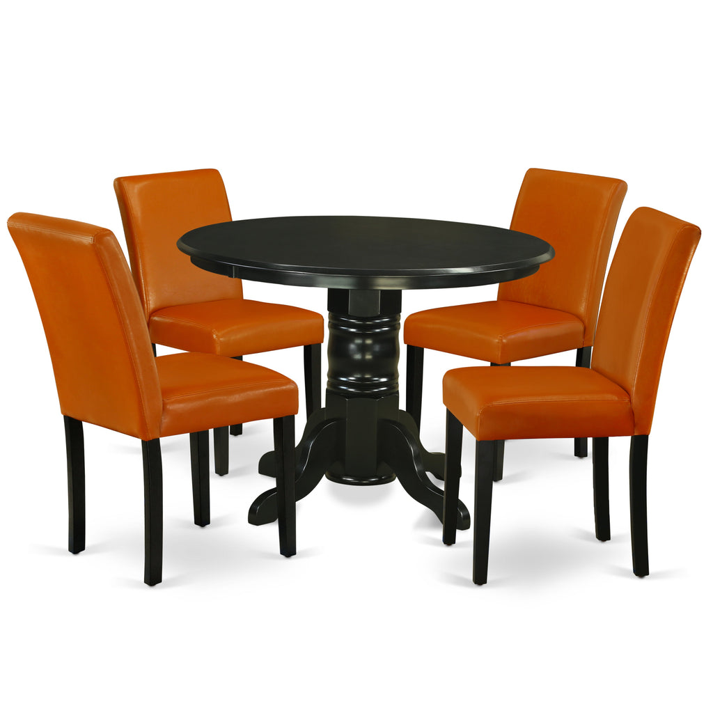 East West Furniture SHAB5-BLK-61 5 Piece Dining Table Set Includes a Round Dining Room Table with Pedestal and 4 Baked Bean Faux Leather Upholstered Chairs, 42x42 Inch, Black