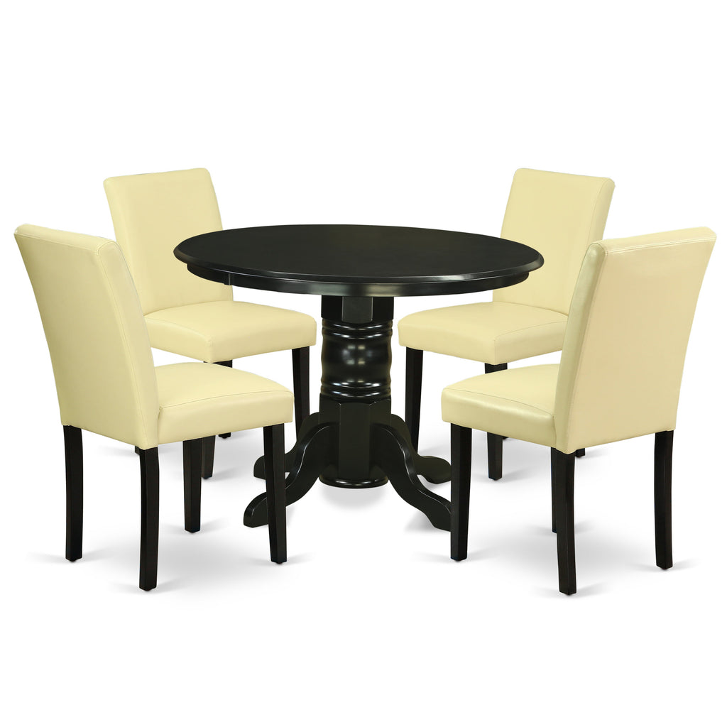 East West Furniture SHAB5-BLK-73 5 Piece Dining Set Includes a Round Dining Room Table with Pedestal and 4 Eggnog Faux Leather Upholstered Parson Chairs, 42x42 Inch, Black