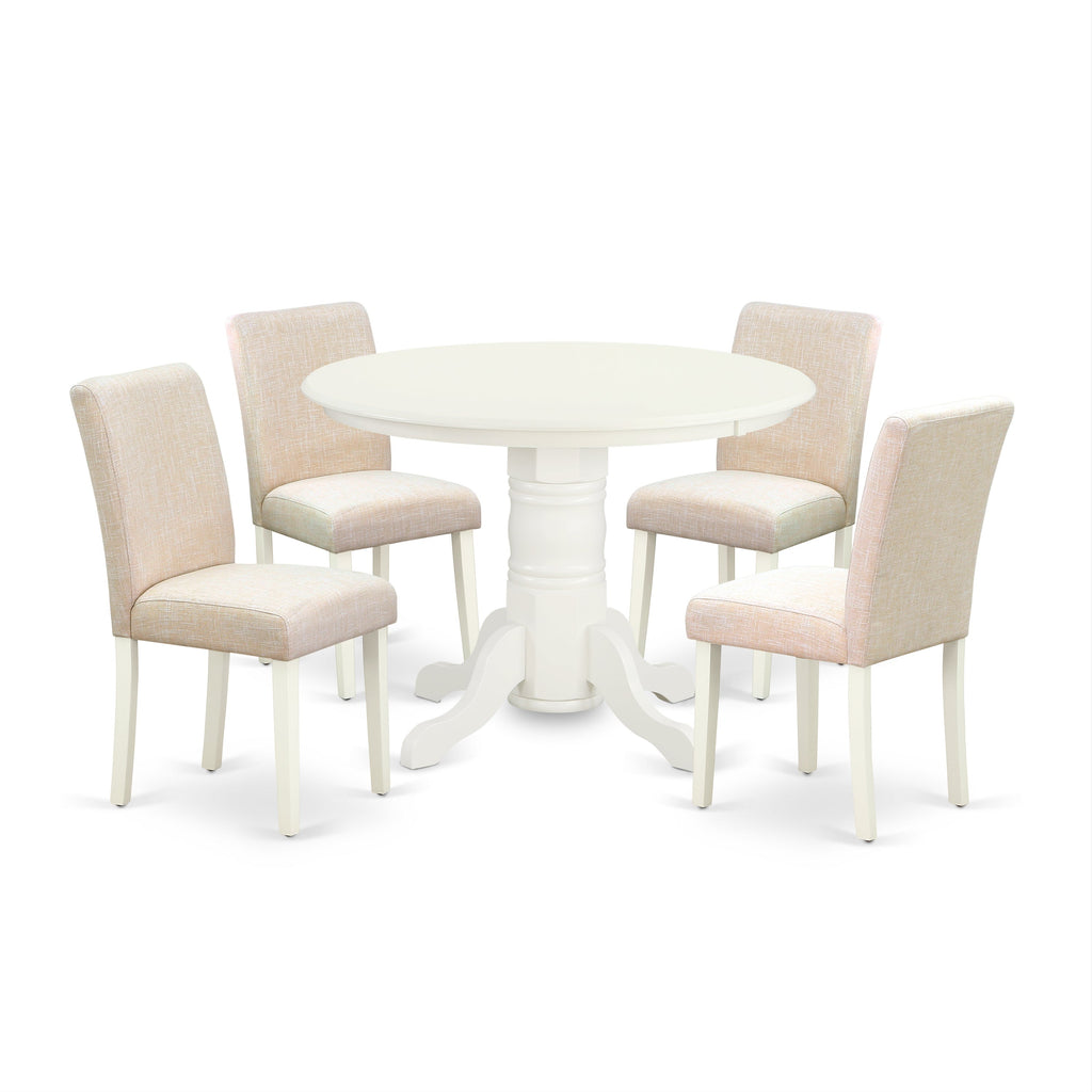 East West Furniture SHAB5-LWH-02 5 Piece Dinette Set for 4 Includes a Round Kitchen Table with Pedestal and 4 Light Beige Linen Fabric Parson Dining Room Chairs, 42x42 Inch, Linen White