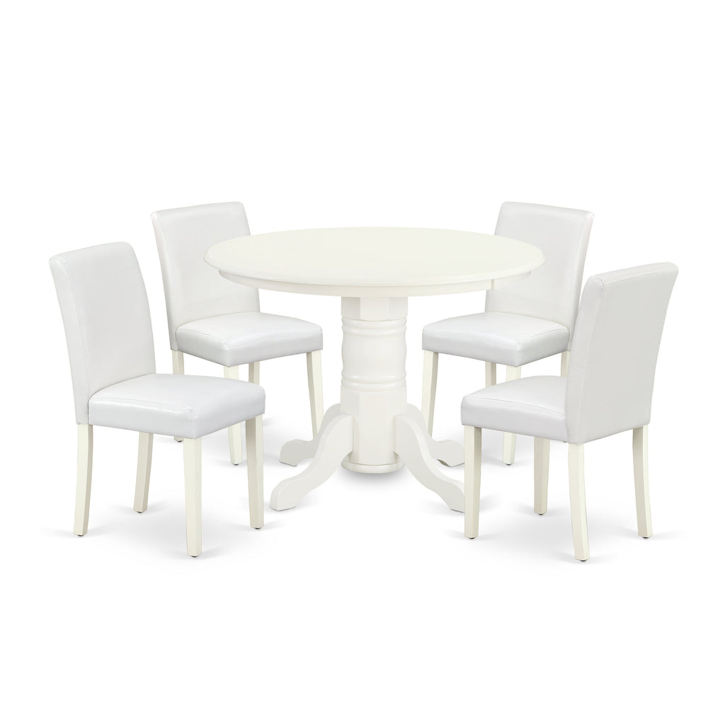 East West Furniture SHAB5-LWH-64 5 Piece Dining Set Includes a Round Kitchen Table with Pedestal and 4 White Faux Leather Parsons Dining Chairs, 42x42 Inch, Linen White