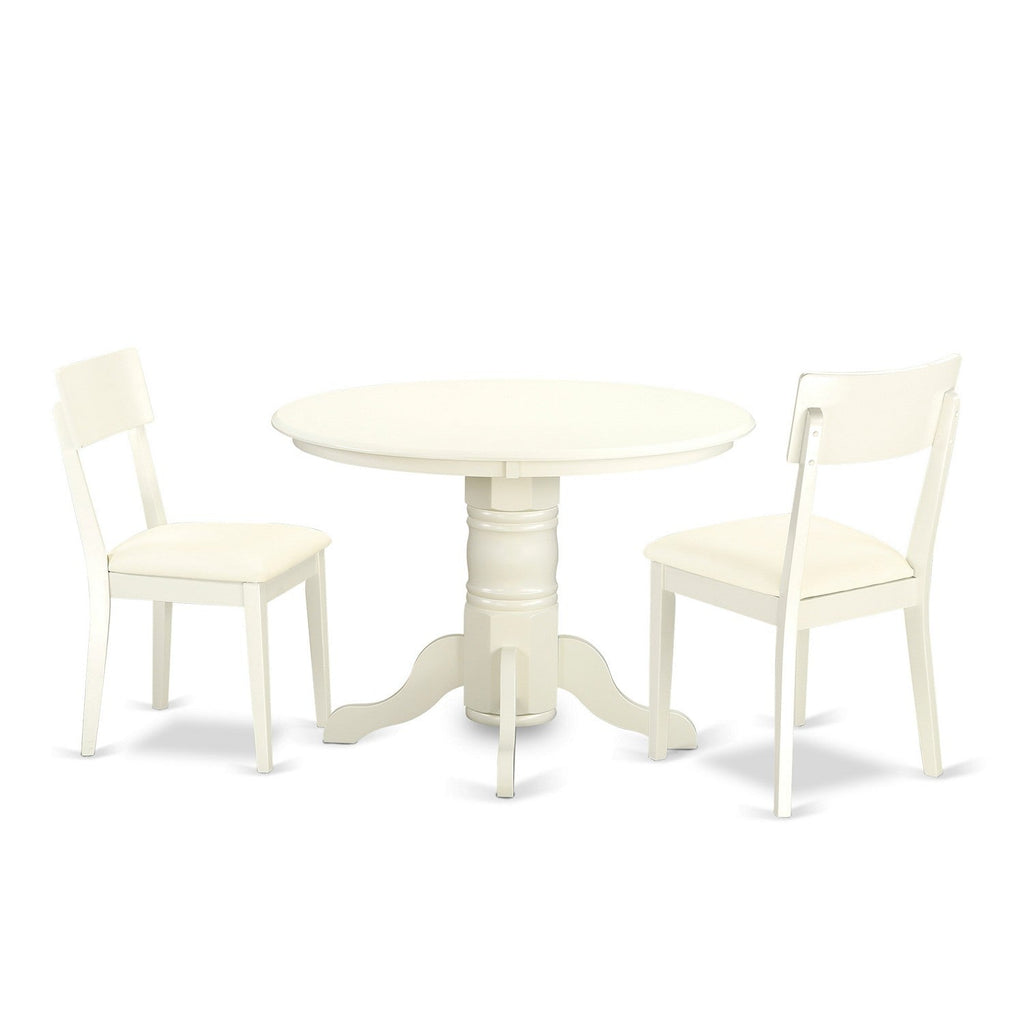 East West Furniture SHAD3-LWH-LC 3 Piece Kitchen Table & Chairs Set Contains a Round Dining Room Table with Pedestal and 2 Faux Leather Upholstered Chairs, 42x42 Inch, Linen White