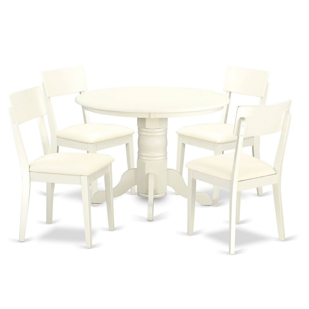 East West Furniture SHAD5-LWH-LC 5 Piece Kitchen Table & Chairs Set Includes a Round Dining Room Table with Pedestal and 4 Faux Leather Dining Room Chairs, 42x42 Inch, Linen White