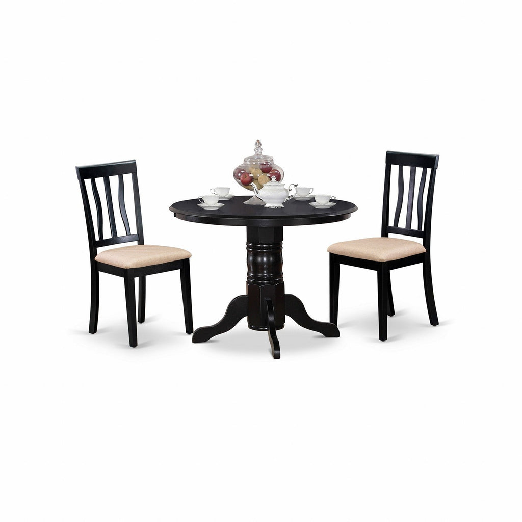 East West Furniture SHAN3-BLK-C 3 Piece Dining Set Contains a Round Kitchen Table with Pedestal and 2 Linen Fabric Dining Room Chairs, 42x42 Inch, Black