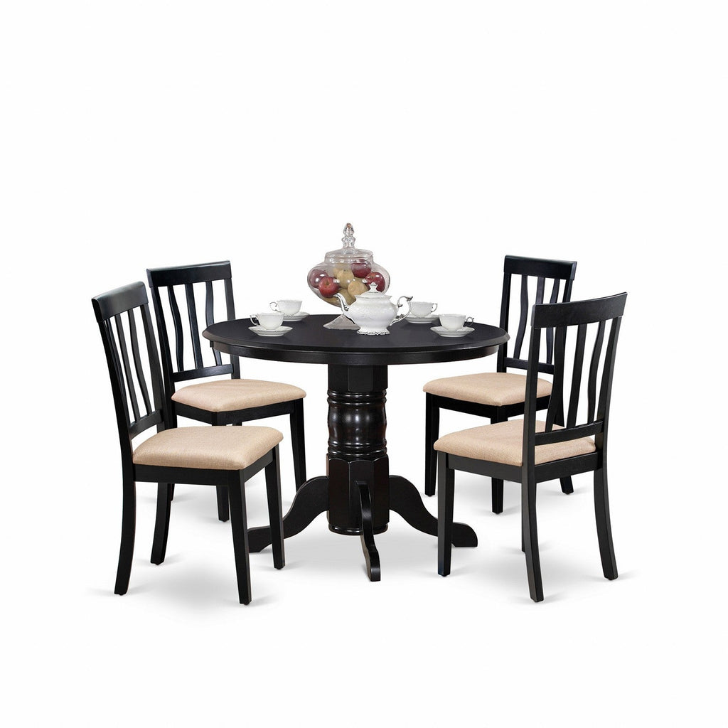 East West Furniture SHAN5-BLK-C 5 Piece Kitchen Table & Chairs Set Includes a Round Dining Room Table with Pedestal and 4 Linen Fabric Upholstered Chairs, 42x42 Inch, Black