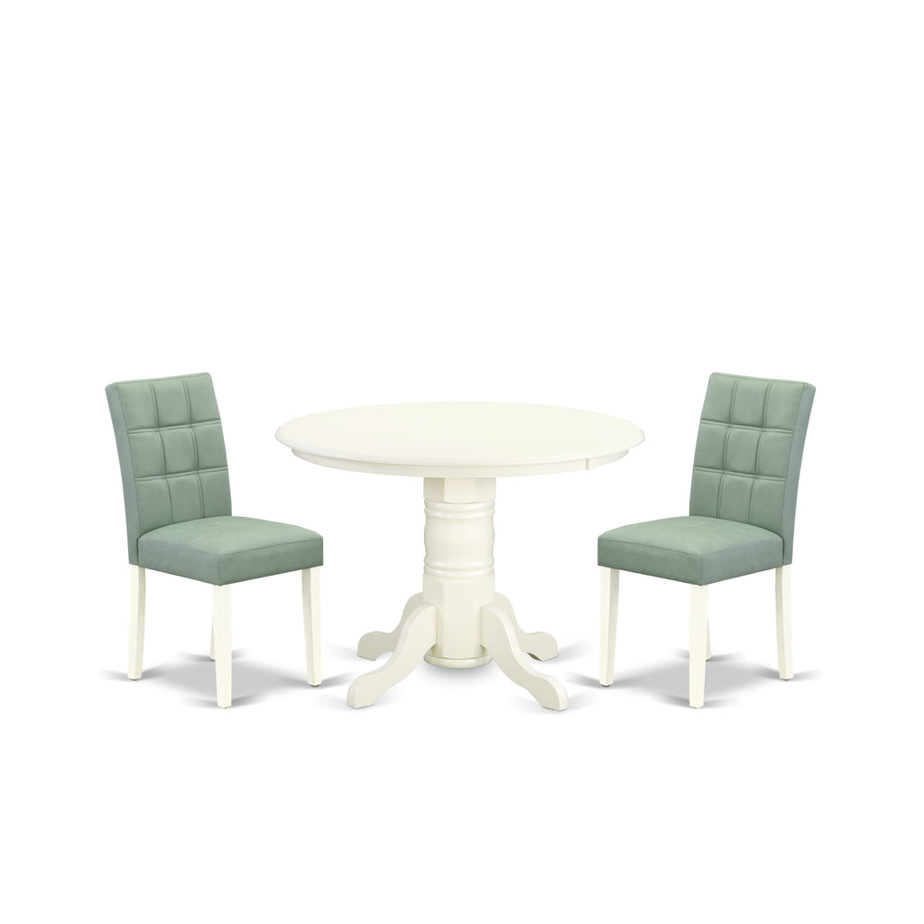 East West Furniture SHAS3-WHI-43 3 Piece Mid Century Modern Dining Table Set Includes A Wood Table and 2 Willow Green Faux Leather Mid Century Modern Chairs, Linen White