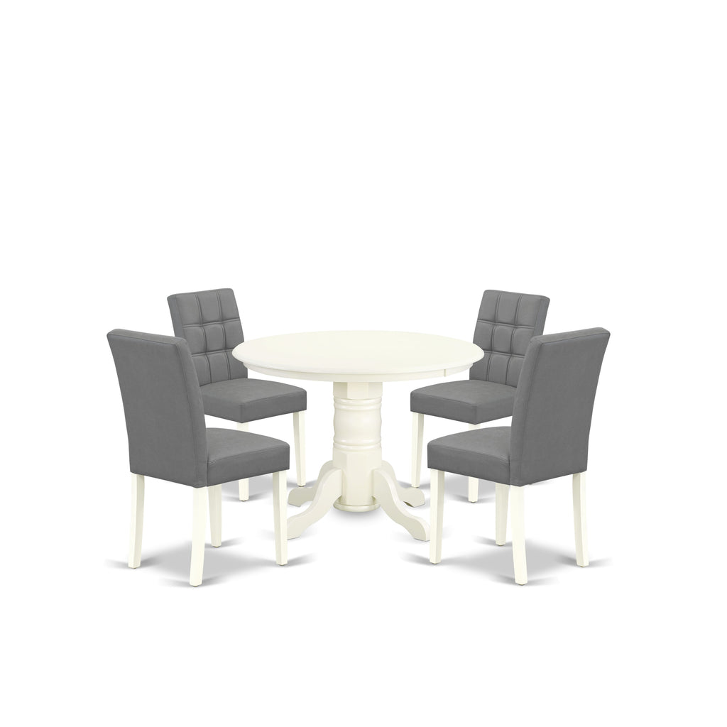 East West Furniture SHAS5-WHI-41 5 Piece consists A Mid-Century Dining Table Set Wooden Table and 4 Platinum Gray Faux Leather Dinner Chairs with Stylish Back- Linen White Finish