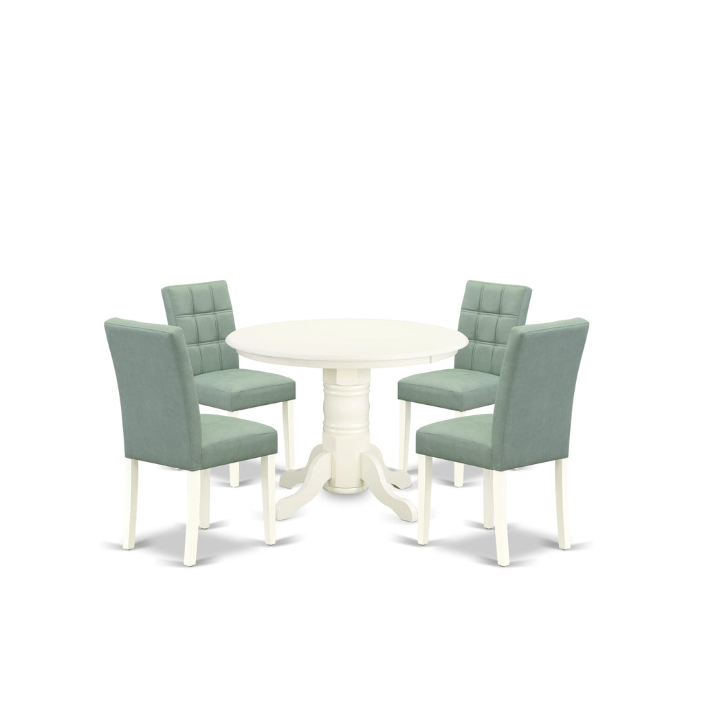 East West Furniture SHAS5-WHI-43 5 Piece Dinner Table Set contain A Modern Dining Table and 4 Willow Green Faux Leather Upholstered Dining Chairs, Linen White