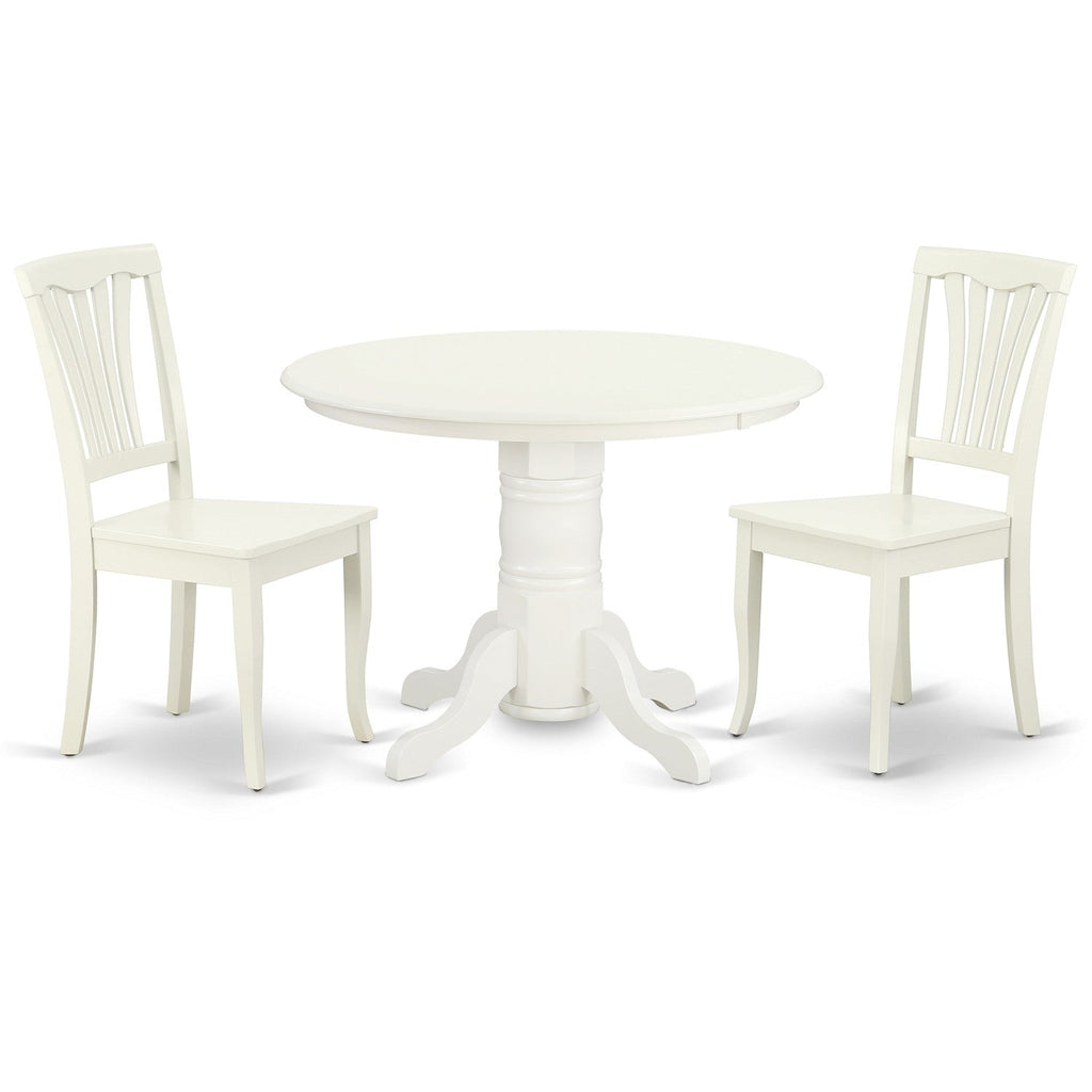 East West Furniture SHAV3-LWH-W 3 Piece Dining Table Set for Small Spaces Contains a Round Kitchen Table with Pedestal and 2 Dining Chairs, 42x42 Inch, Linen White
