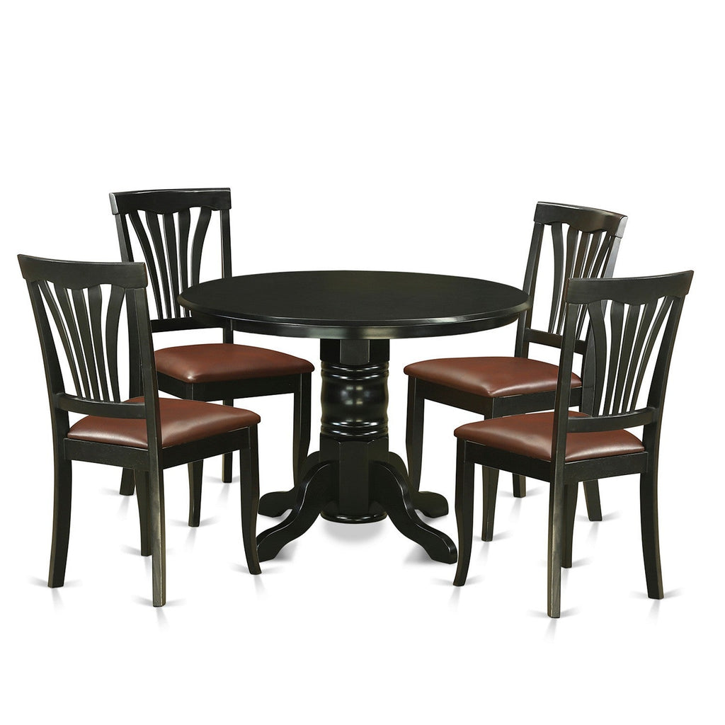East West Furniture SHAV5-BLK-LC 5 Piece Modern Dining Table Set Includes a Round Kitchen Table with Pedestal and 4 Faux Leather Dining Room Chairs, 42x42 Inch, Black
