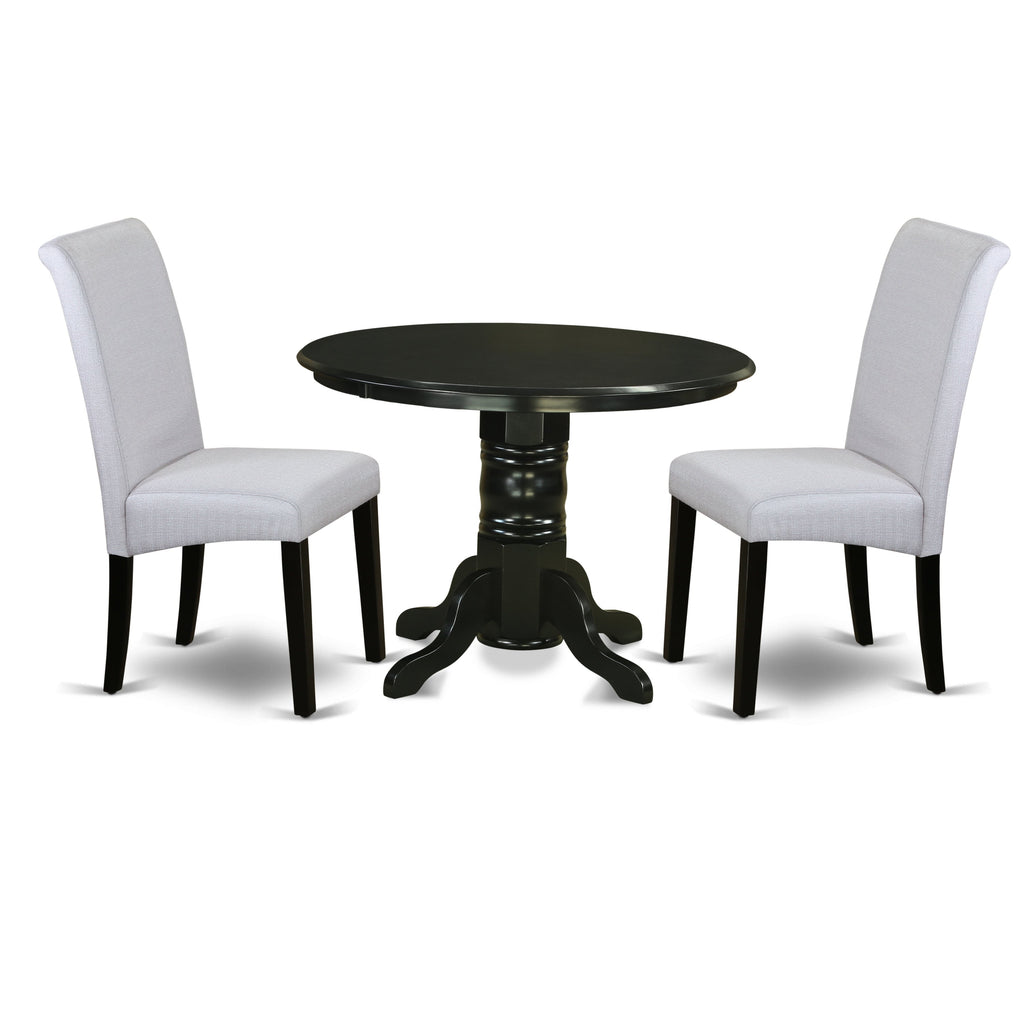 East West Furniture SHBA3-BLK-05 3 Piece Kitchen Table & Chairs Set Contains a Round Dining Room Table with Pedestal and 2 Grey Linen Fabric Parson Dining Chairs, 42x42 Inch, Black