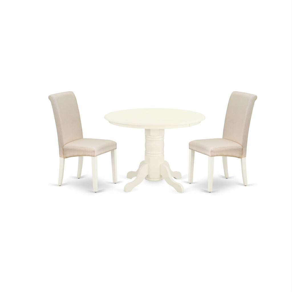 East West Furniture SHBA3-WHI-01 3 Piece Kitchen Table Set Contains a Round Dining Room Table with Pedestal and 2 Cream Linen Fabric Upholstered Chairs, 42x42 Inch, Linen White