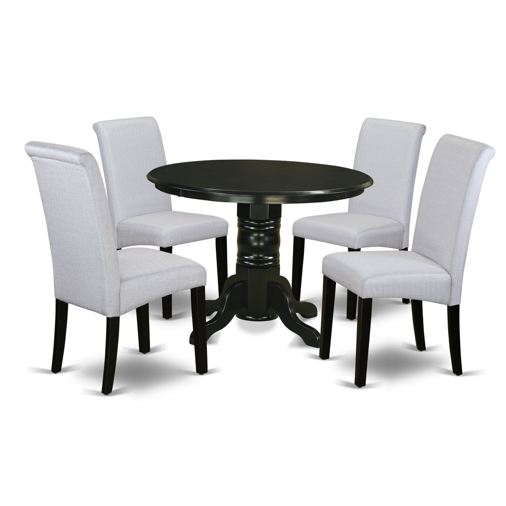 East West Furniture SHBA5-BLK-05 5 Piece Dining Room Furniture Set Includes a Round Kitchen Table with Pedestal and 4 Grey Linen Fabric Parson Dining Chairs, 42x42 Inch, Black