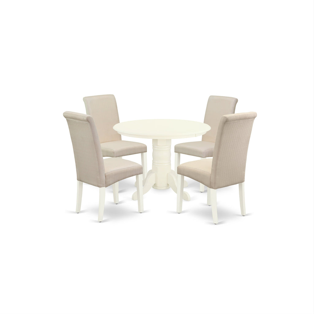 East West Furniture SHBA5-WHI-01 5 Piece Dinette Set for 4 Includes a Round Kitchen Table with Pedestal and 4 Cream Linen Fabric Parson Dining Chairs, 42x42 Inch, Linen White