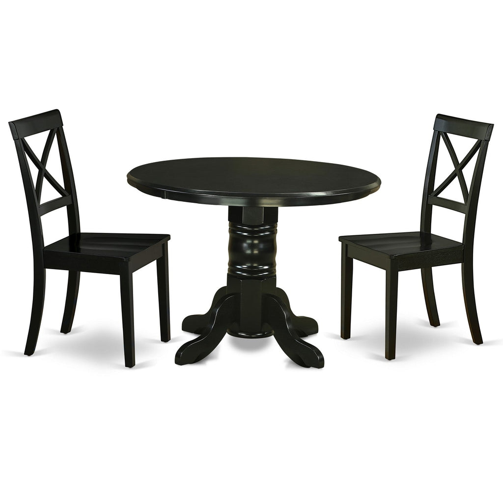 East West Furniture SHBO3-BLK-W 3 Piece Dining Room Furniture Set Contains a Round Kitchen Table with Pedestal and 2 Dining Chairs, 42x42 Inch, Black