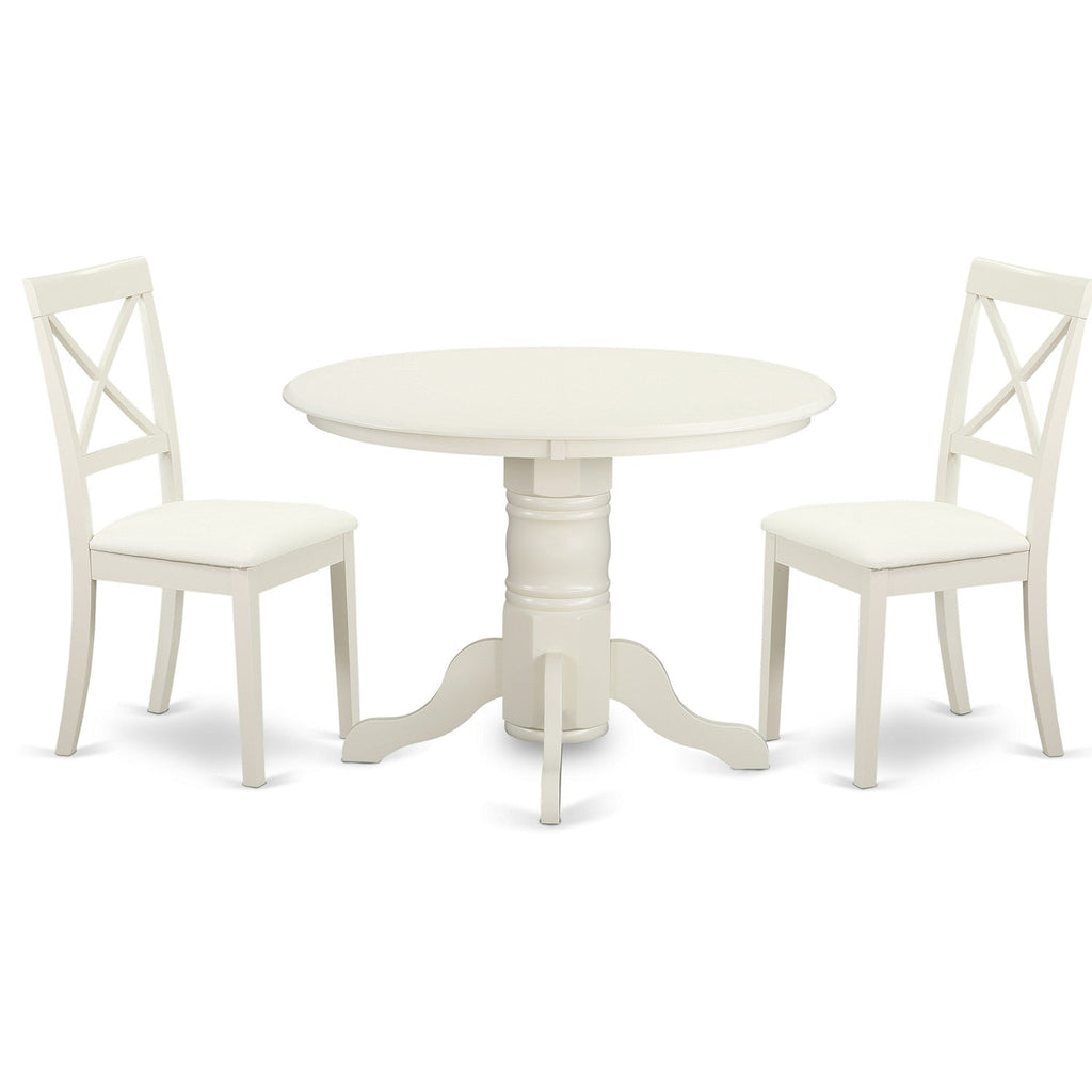 East West Furniture SHBO3-WHI-LC 3 Piece Dinette Set for Small Spaces Contains a Round Kitchen Table with Pedestal and 2 Faux Leather Upholstered Dining Chairs, 42x42 Inch, Linen White