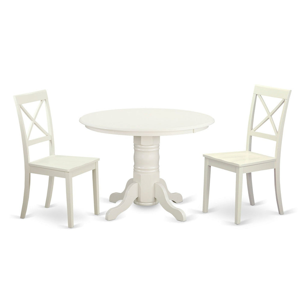 East West Furniture SHBO3-WHI-W 3 Piece Dinette Set for Small Spaces Contains a Round Dining Room Table with Pedestal and 2 Kitchen Dining Chairs, 42x42 Inch, Linen White