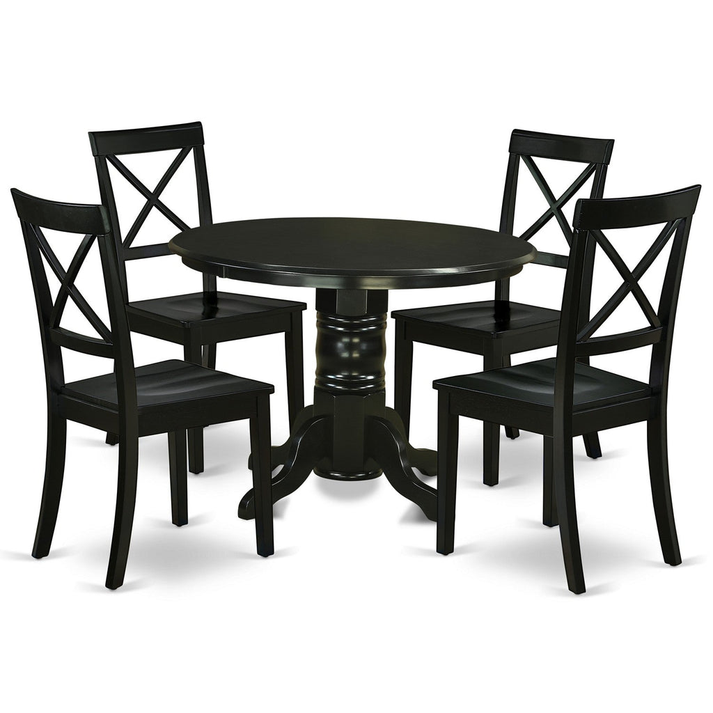 East West Furniture SHBO5-BLK-W 5 Piece Dining Set Includes a Round Kitchen Table with Pedestal and 4 Dining Chairs, 42x42 Inch, Black