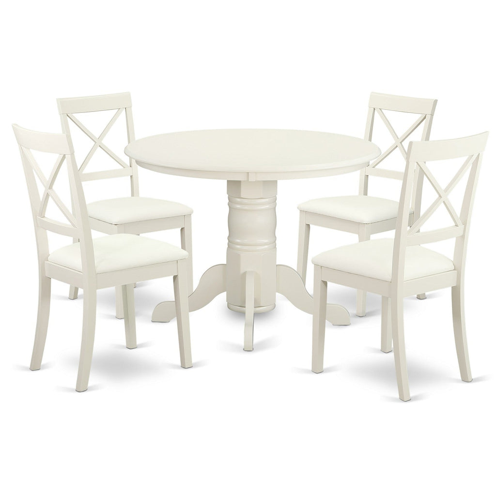 East West Furniture SHBO5-WHI-LC 5 Piece Kitchen Table Set for 4 Includes a Round Dining Room Table with Pedestal and 4 Faux Leather Upholstered Dining Chairs, 42x42 Inch, Linen White