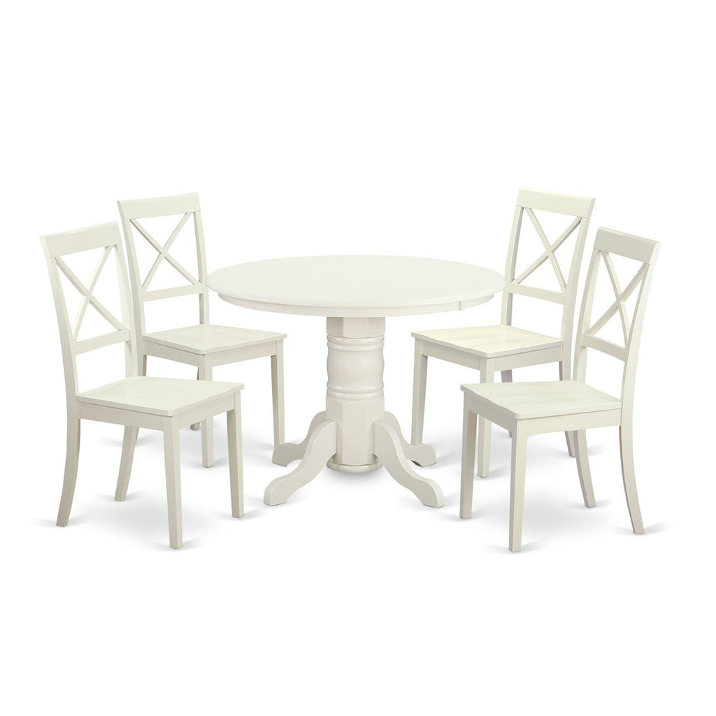 East West Furniture SHBO5-WHI-W 5 Piece Dining Room Table Set Includes a Round Wooden Table with Pedestal and 4 Kitchen Dining Chairs, 42x42 Inch, Linen White