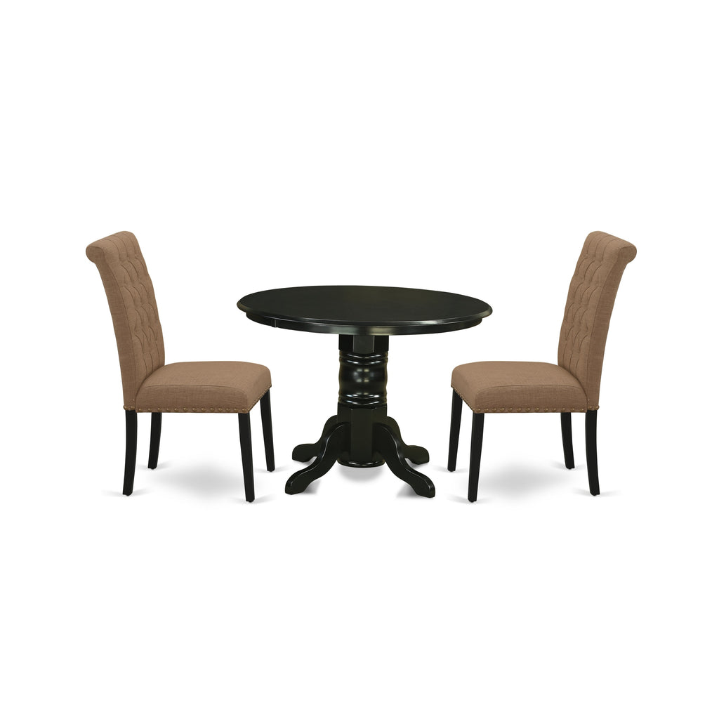 East West Furniture SHBR3-BLK-17 3 Piece Dining Table Set Contains a Round Dining Room Table with Pedestal and 2 Light Sable Linen Fabric Upholstered Chairs, 42x42 Inch, Black