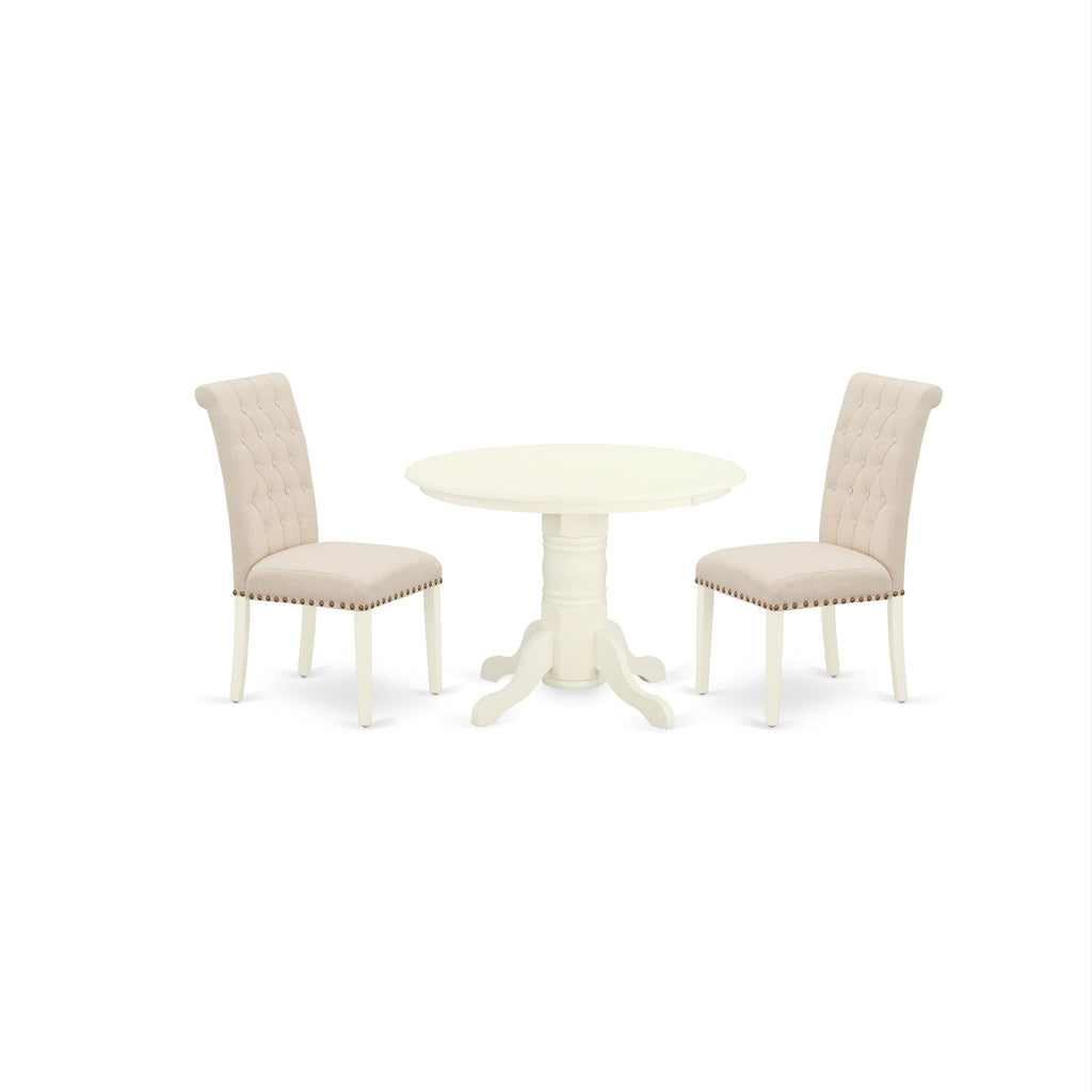 East West Furniture SHBR3-WHI-02 3 Piece Dining Room Table Set Contains a Round Kitchen Table with Pedestal and 2 Light Beige Linen Fabric Parson Dining Chairs, 42x42 Inch, Linen White