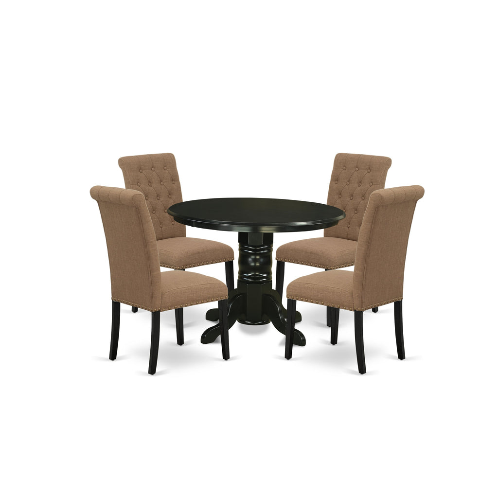 East West Furniture SHBR5-BLK-17 5 Piece Dining Room Furniture Set Includes a Round Kitchen Table with Pedestal and 4 Light Sable Linen Fabric Parson Dining Chairs, 42x42 Inch, Black