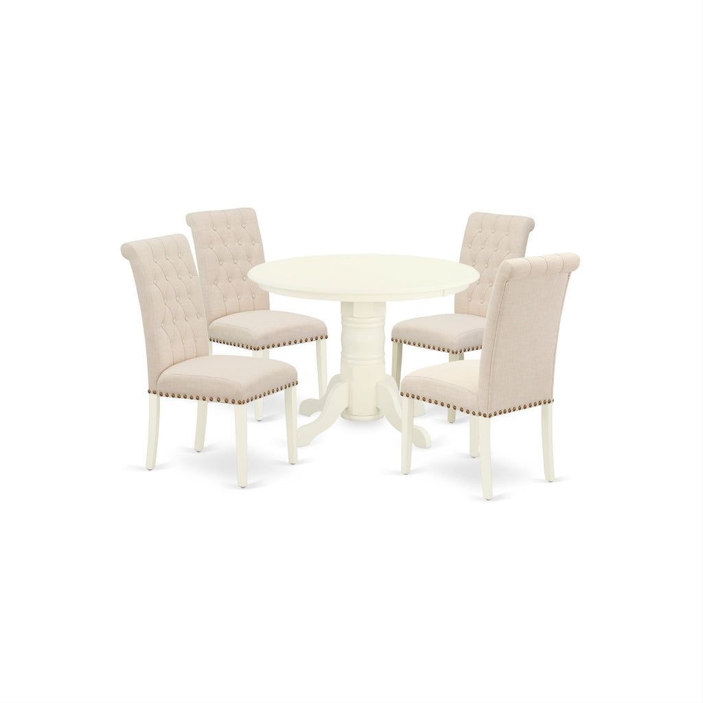 East West Furniture SHBR5-WHI-02 5 Piece Dining Room Table Set Includes a Round Kitchen Table with Pedestal and 4 Light Beige Linen Fabric Parson Dining Chairs, 42x42 Inch, Linen White