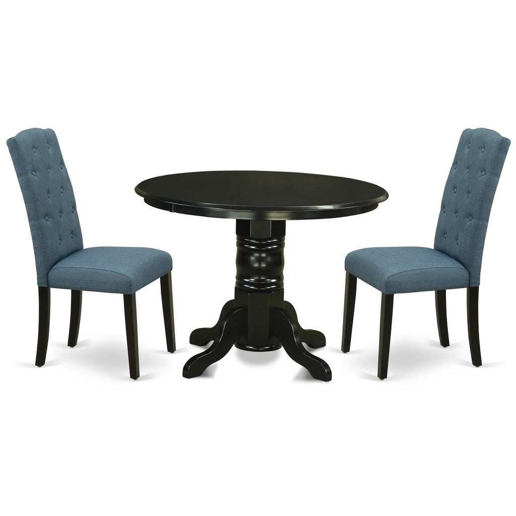 East West Furniture SHCE3-BLK-21 3 Piece Modern Dining Table Set Contains a Round Kitchen Table with Pedestal and 2 Mineral Blue Linen Fabric Parson Dining Chairs, 42x42 Inch, Black