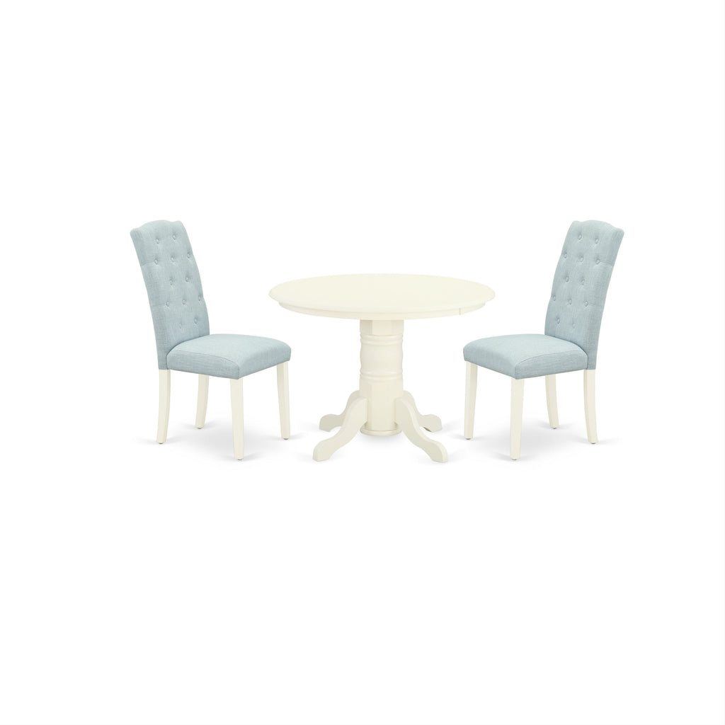 East West Furniture SHCE3-WHI-15 3 Piece Dining Table Set Contains a Round Kitchen Table with Pedestal and 2 Baby Blue Linen Fabric Upholstered Chairs, 42x42 Inch, Linen White