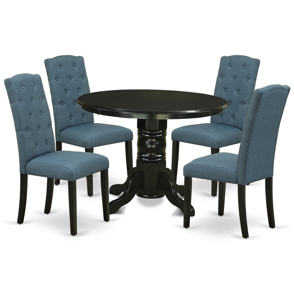 East West Furniture SHCE5-BLK-21 5 Piece Dinette Set for 4 Includes a Round Kitchen Table with Pedestal and 4 Mineral Blue Linen Fabric Parson Dining Chairs, 42x42 Inch, Black