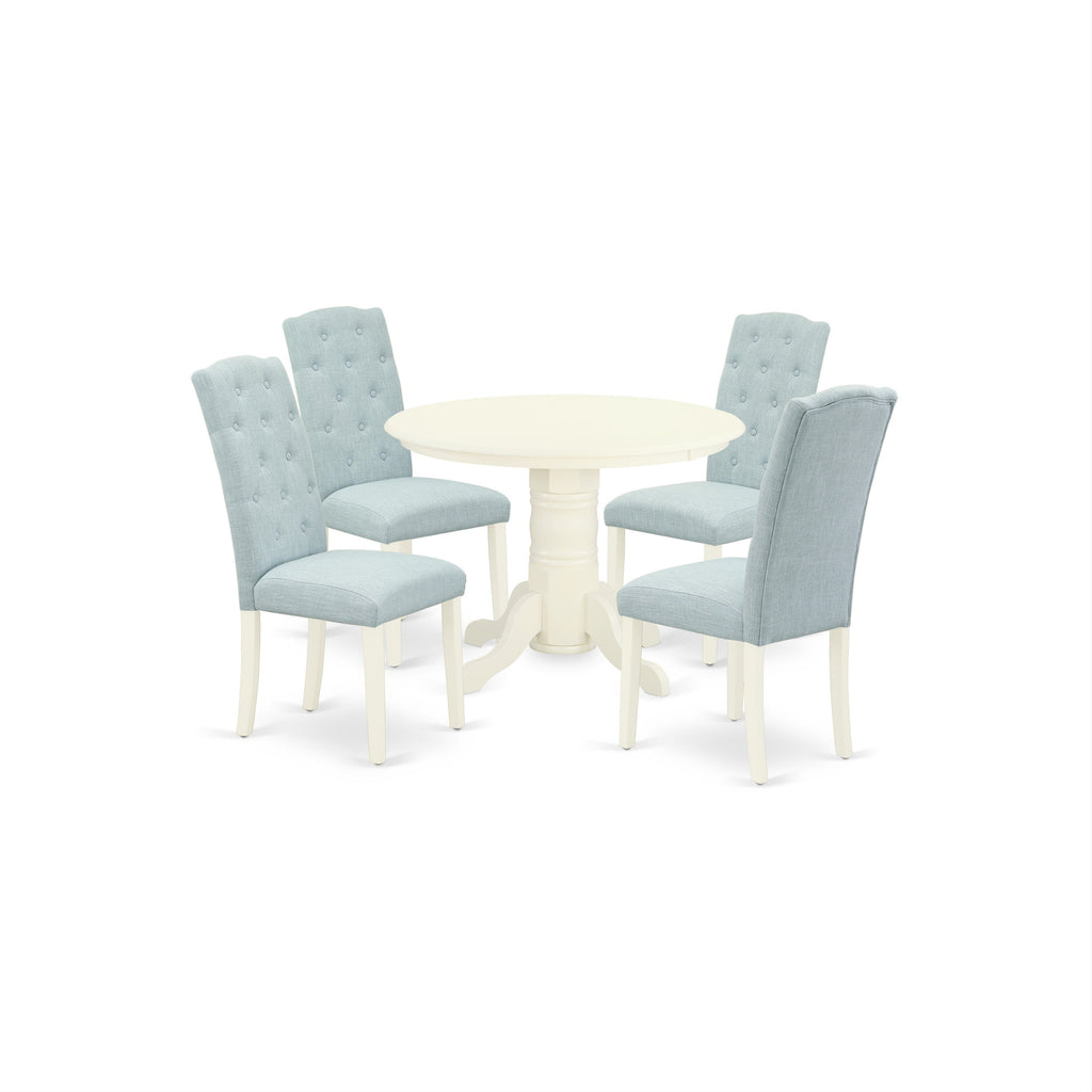 East West Furniture SHCE5-WHI-15 5 Piece Dining Room Furniture Set Includes a Round Kitchen Table with Pedestal and 4 Baby Blue Linen Fabric Upholstered Chairs, 42x42 Inch, Linen White