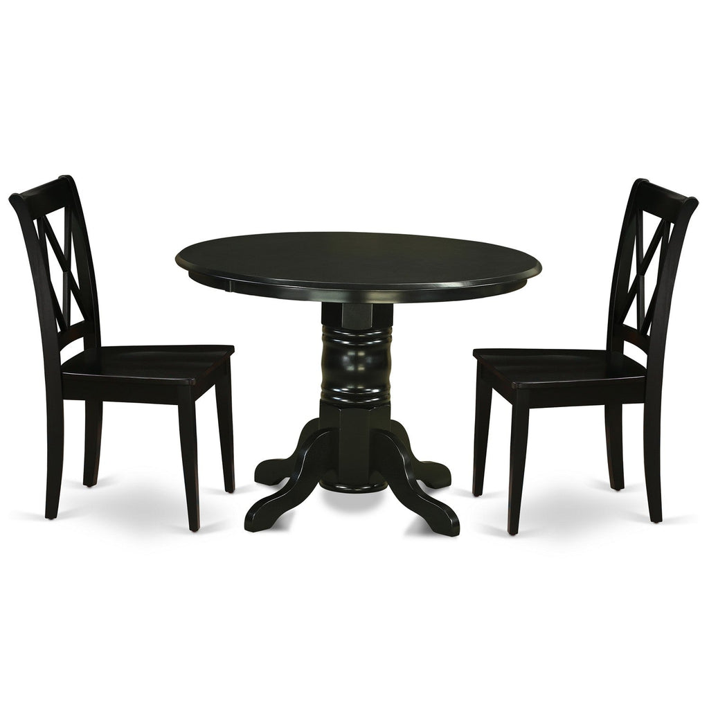 East West Furniture SHCL3-BLK-W 3 Piece Dining Table Set for Small Spaces Contains a Round Kitchen Table with Pedestal and 2 Dining Room Chairs, 42x42 Inch, Black